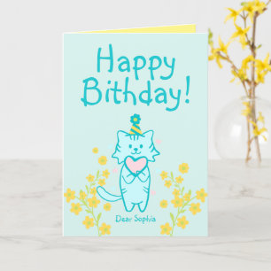 Yellow Blume&Blue Cat mit Hut und Herz zum Geburts Karte