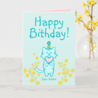 Yellow Blume&Blue Cat mit Hut und Herz zum Geburts