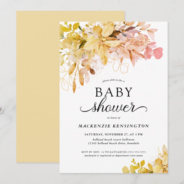 Yellow Blush Pink Botanical Baby Dusche Einladung (Vorne/Hinten)