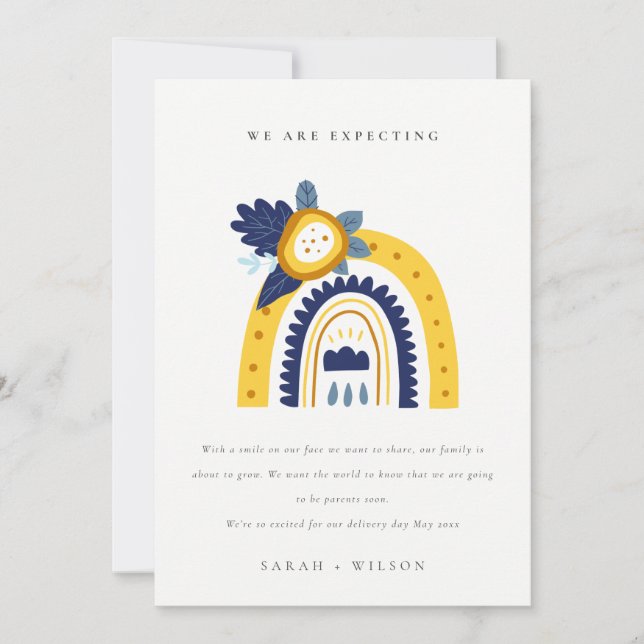 Yellow Boho Floral Rainbow Baby Ankündigung (Vorderseite)