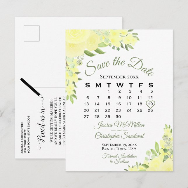 Yellow Boho floral Wedding Save the Date Calendar Ankündigungspostkarte (Vorne/Hinten)