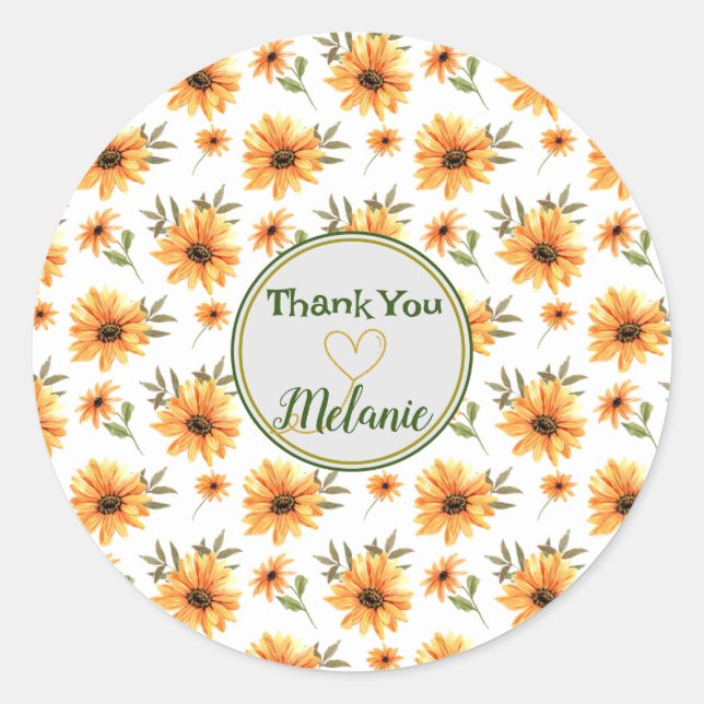 Yellow Botanical Sunflower Name Personalisiertes G Runder Aufkleber (Vorderseite)
