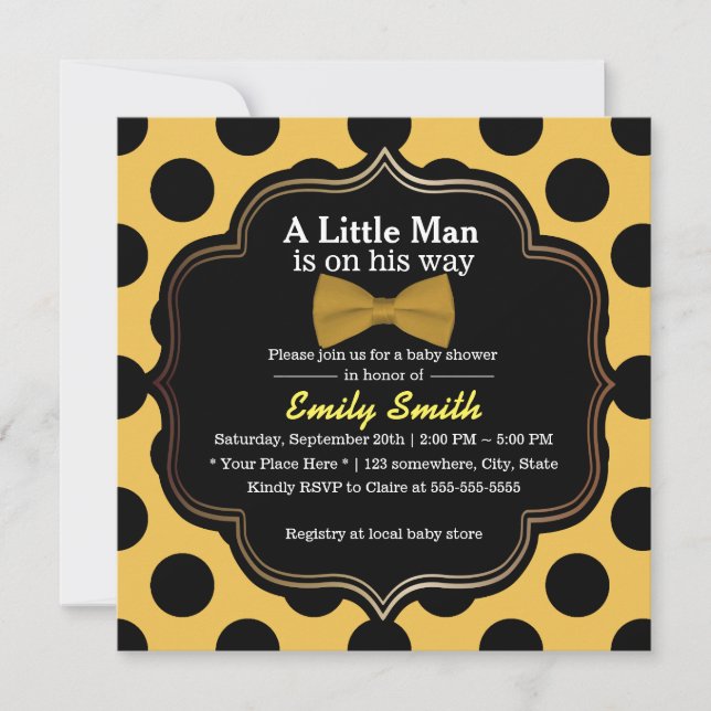 Yellow Bow Krawatte Polka Dots Little Man Baby Dus Einladung (Vorderseite)