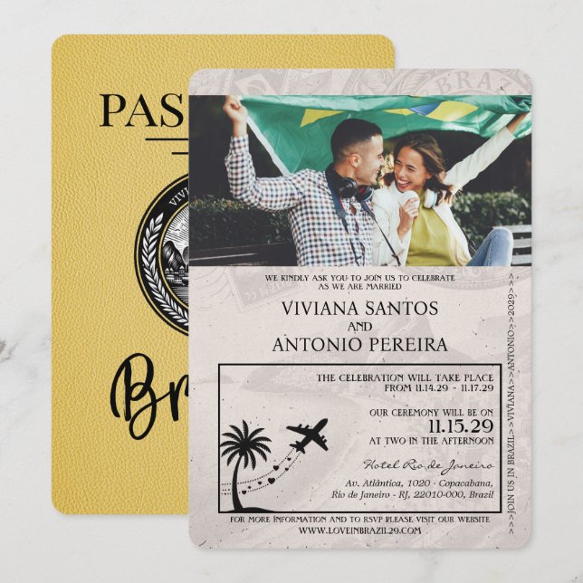 Yellow Brazil Passport Wedding Einladung (Vorne/Hinten)