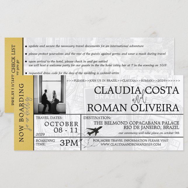 Yellow Brazil Wedding Boarding Pass Einladung (Vorne/Hinten)