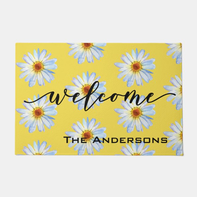 Yellow Bright Daisy Trendy Willkommen Personalisie Fußmatte (Vorderseite)