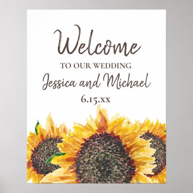 Yellow Brown Sunflower White Boho Hochzeit Begrüßu Poster (Vorne)