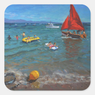 Yellow Buoy and Red Sails Abersoch Quadratischer Aufkleber