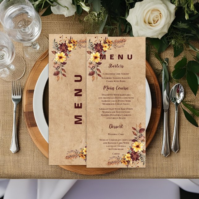 Yellow Burgundy Hochzeit im Herbst Empfang Dinner  Menükarte (Yellow Burgundy Fall Wedding Reception Dinner Menu)