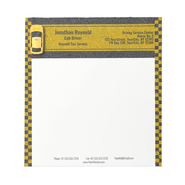Yellow Business Taxi Cab Driver Service Notizblock (Vorderseite)