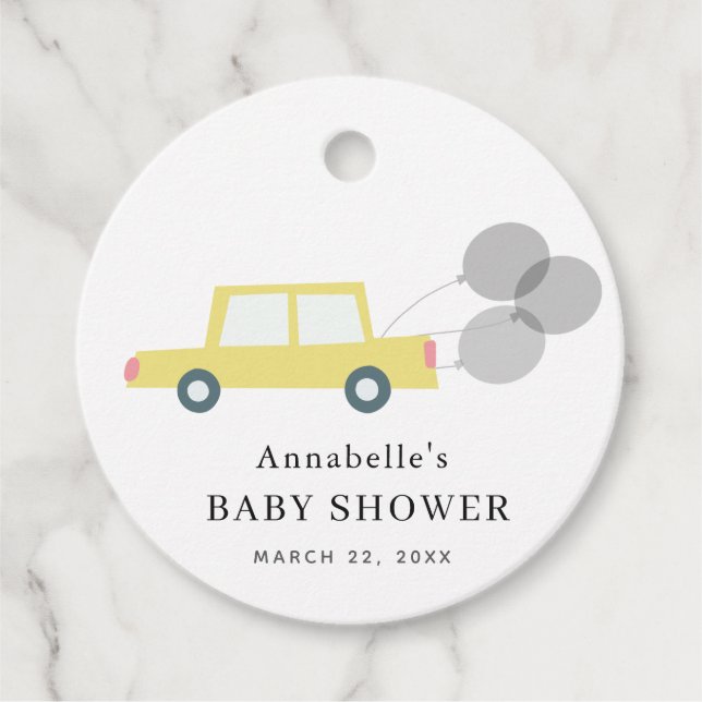 Yellow Car Balloons White Baby Dusche Geschenkanhänger (Vorderseite)