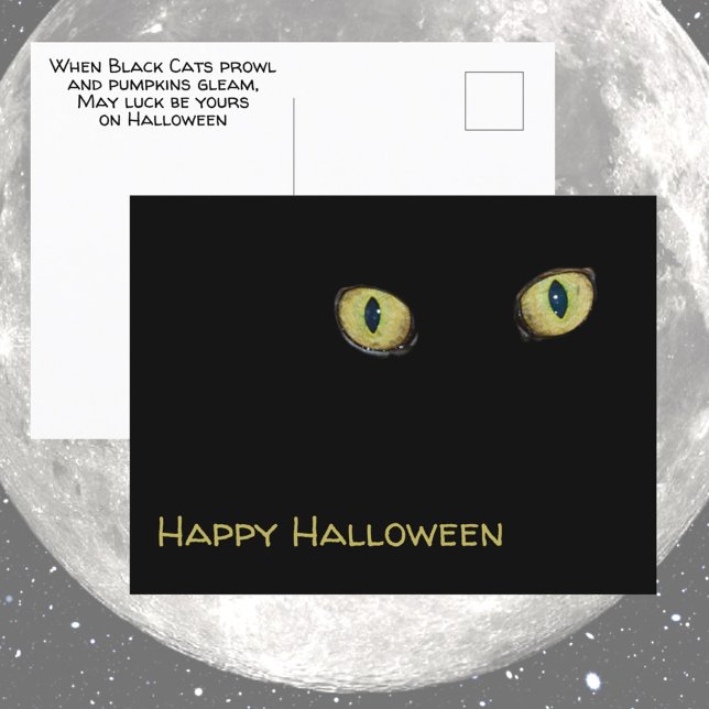Yellow Cat Eyes Happy Halloween Fotografy Black Postkarte (Von Creator hochgeladen)