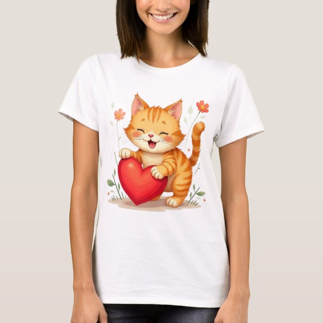 Yellow Cat Holding Red Heart Women T-Shirt (Vorderseite)
