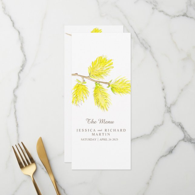 Yellow catkins Wasserfarbe Hochzeitsmenü Menükarte (Vorderseite/Rückseite Beispiel)