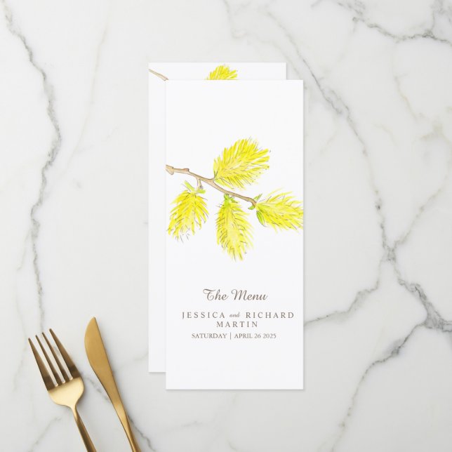 Yellow catkins Wasserfarbe Hochzeitsmenü Menükarte (Vorderseite/Rückseite Beispiel)