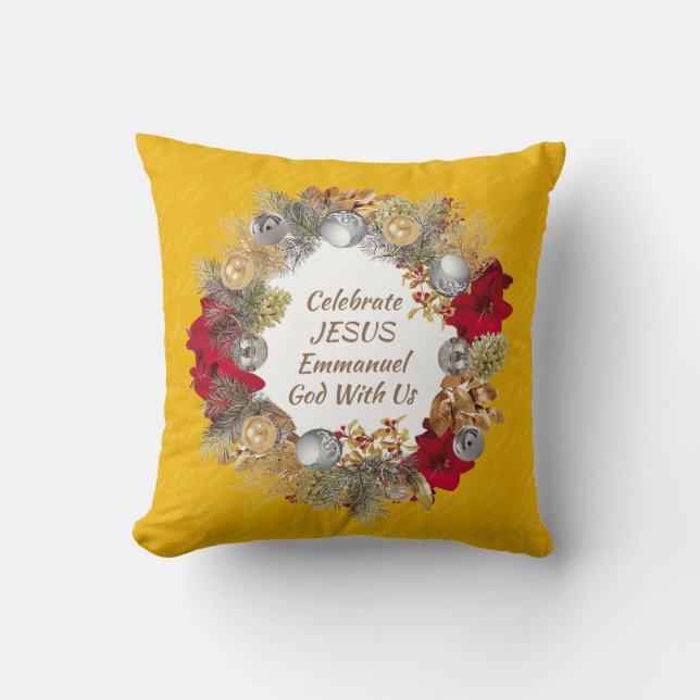 Yellow CELEBRATE JESUS Weihnachtskranz Kissen (Vorderseite)