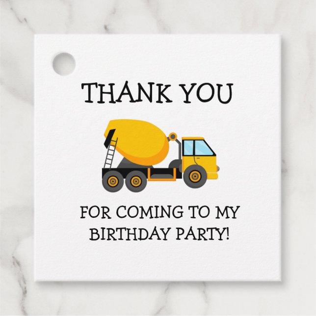 Yellow Cement Truck Child's Birthday Danke Geschenkanhänger (Vorderseite)