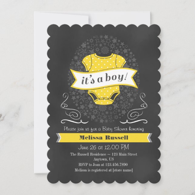 Yellow Chalkboard Boy Baby Dusche einladen Einladung (Vorderseite)