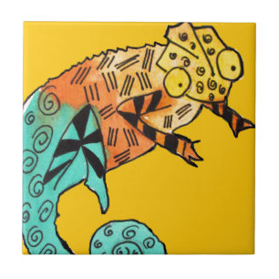 Yellow Chameleon Reptile Art Doodle Illustration Fliese