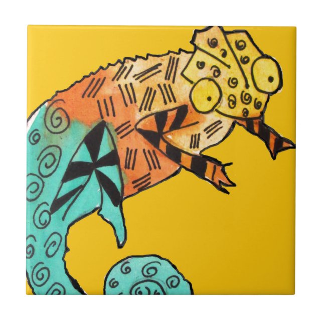 Yellow Chameleon Reptile Art Doodle Illustration Fliese (Vorderseite)