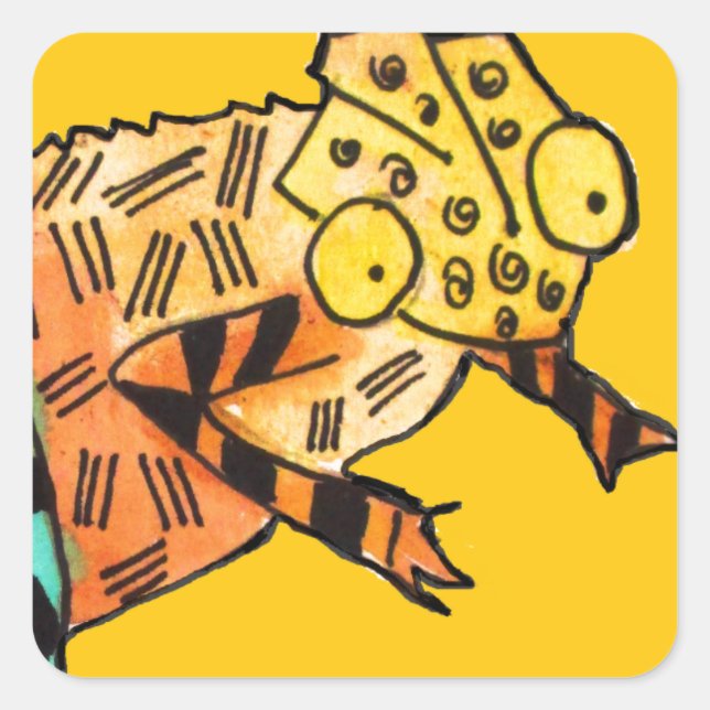 Yellow Chameleon Reptile Art Doodle Illustration Quadratischer Aufkleber (Vorderseite)