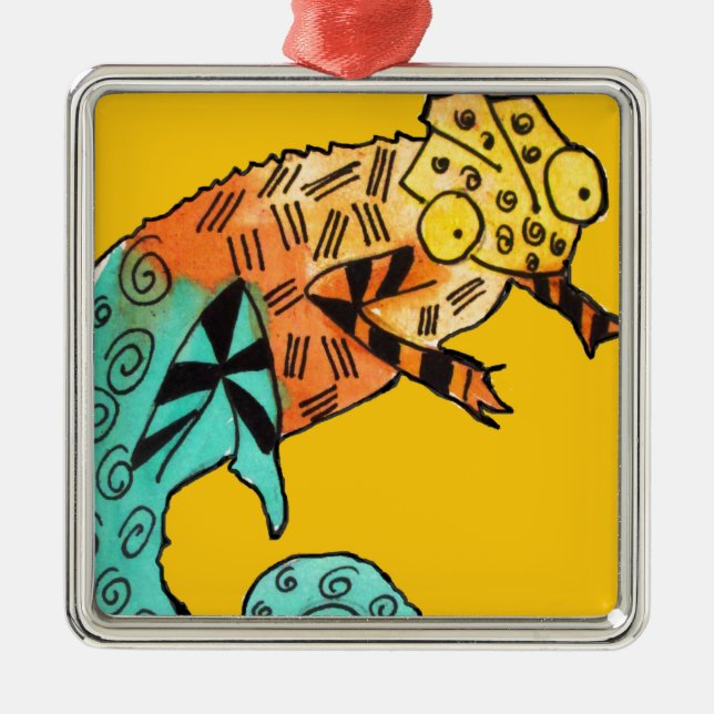 Yellow Chameleon Reptile Art Doodle Illustration Silbernes Ornament (Vorne)
