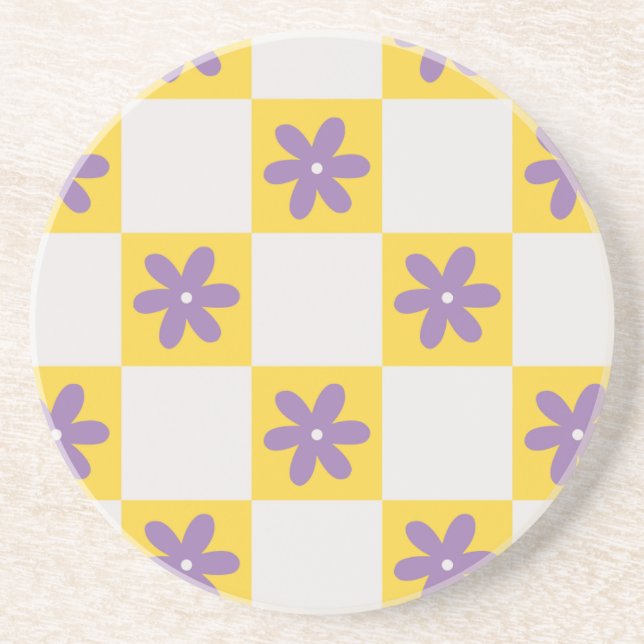 Yellow Checkerboard Floral Pattern – Purple Daisy  Getränkeuntersetzer (Vorne)