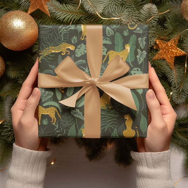 Yellow Cheetahs Wild Jungle Tropical Green Pflanze Geschenkpapier (Von Creator hochgeladen)