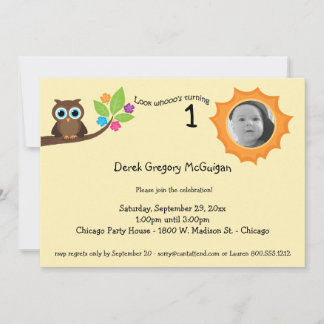 Yellow Children's Birthday Party Owl Foto Einladun Einladung