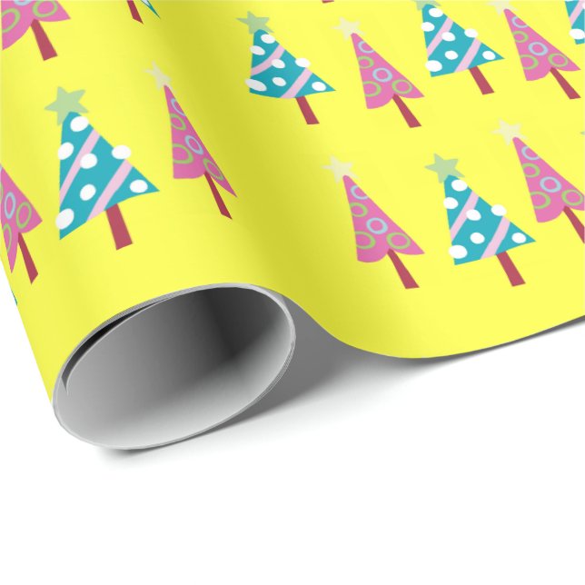 Yellow Christmas Pink Blue Wrapping Paper Geschenkpapier (Rolleneckpunkt)