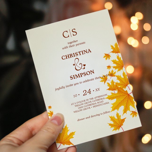 Yellow Classic Herbstmaple Blätter Hochzeit Einladung (Yellow Classic autumn maple leaves wedding Invitation)