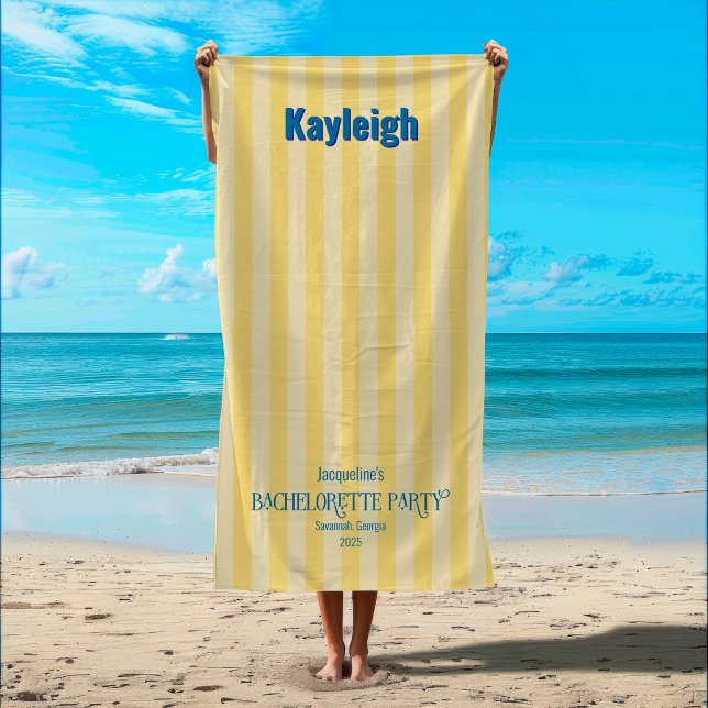 Yellow Coastal Strip Bachelorette Strandtuch (Yellow Tinted Coastal Stripe Beach Towel)