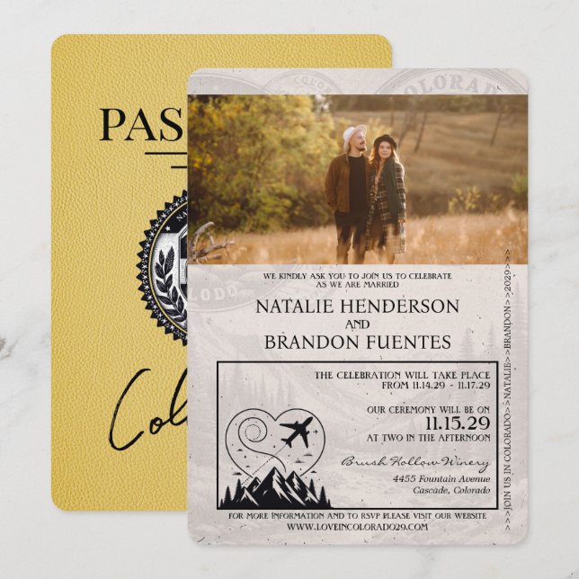 Yellow Colorado Passport Hochzeit Einladung (Vorne/Hinten)