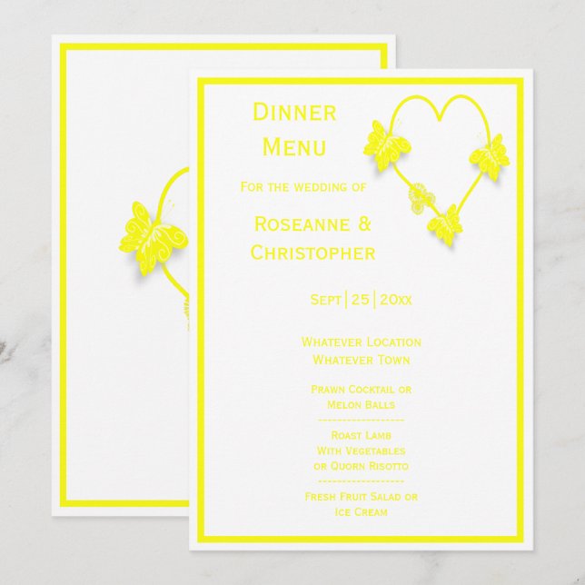 Yellow Colored Butterflies Herzdesign Wedding Menükarte (Vorne/Hinten)