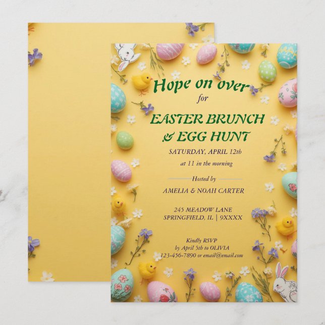 Yellow colorful  Easter BRUNCH & HUNT Einladung (Vorne/Hinten)