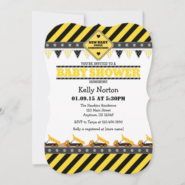 Yellow Construction Baby Shower Einladung (Vorderseite)
