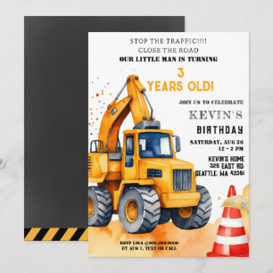 Yellow Construction Trucks Boy Birthday Party Einladung