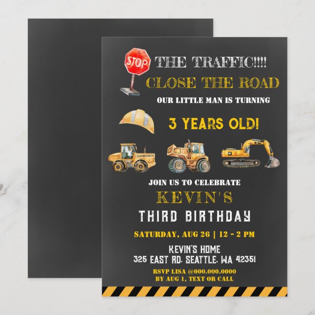 Yellow Construction Trucks Boy Birthday Party Einladung (Vorne/Hinten)