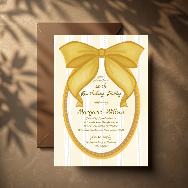 Yellow coquette retro stripes bow birthday party einladung (Yellow coquette retro stripes hand drawn preppy bow birthday party invitation cards template)