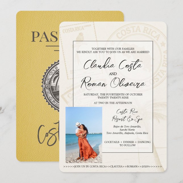 Yellow Costa Rica Passport Hochzeitseinladung Einladung (Vorne/Hinten)