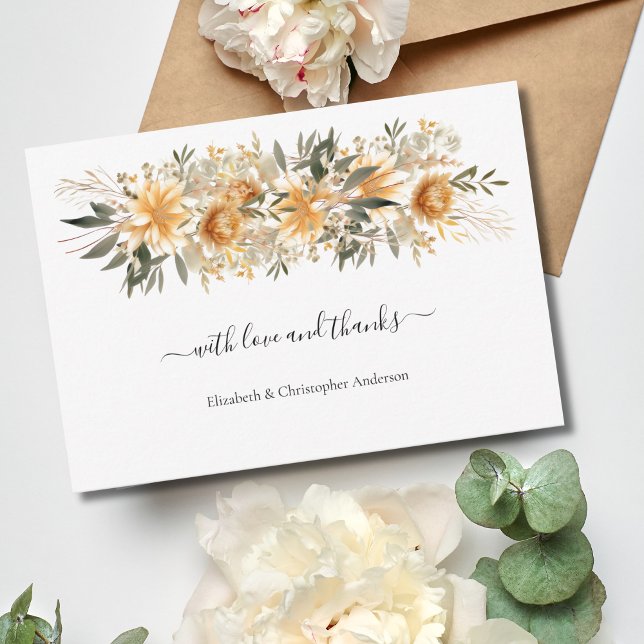 Yellow Cream Beige Floral Botanical Boho Wedding Dankeskarte (Yellow Beige Cream Boho Floral Botanical Wedding Thank you cards)