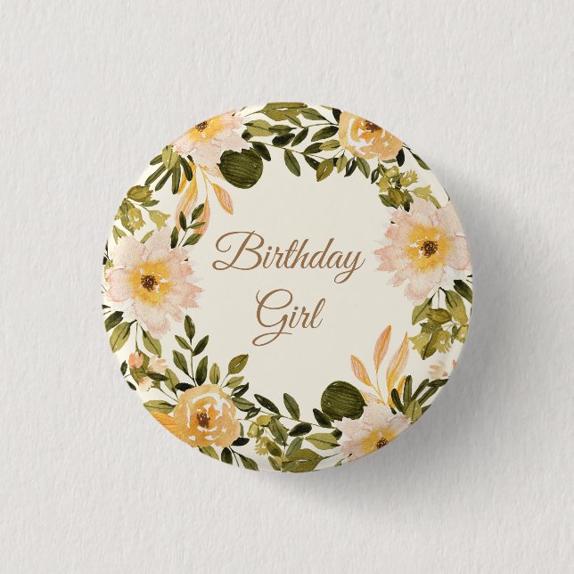 Yellow Cream Floral Birthday Girl  Button (Vorderseite)