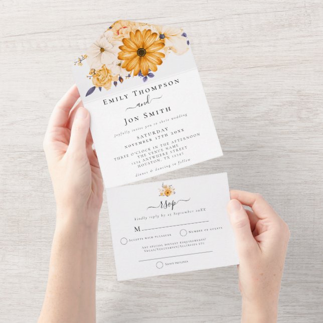 Yellow Cream Florals Gastadressen Wedding All In One Einladung (Abreißen)