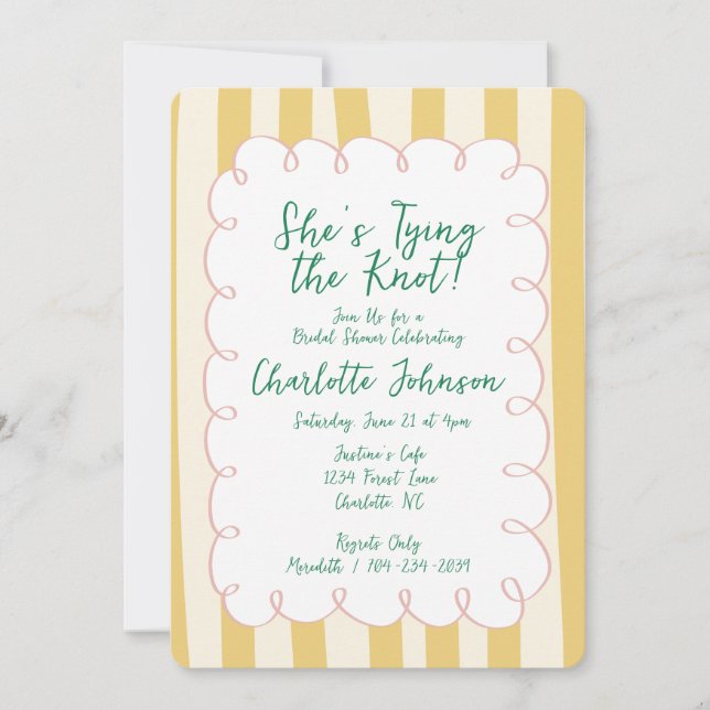 Yellow Cream Striped She's Tying the Knot Bridal Einladung (Vorderseite)