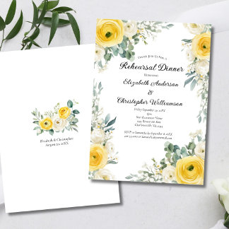 Yellow Cream Watercolor Florals Rehearsal Dinner Einladung