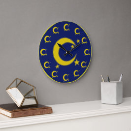 Yellow Crescent Moon Blue Night Sky Star Astronomi Große Wanduhr
