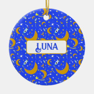 Yellow Crescent Moons schießen Star Space Rockets Keramik Ornament