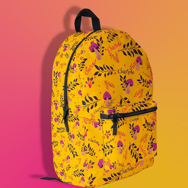 Yellow Custom Baby Name Fairytale Mushrooms Bedruckter Rucksack (Beautiful and fun mushroom school backpack!!)