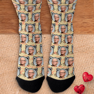 Yellow Custom Boyfriend Girlfriend Foto Cat Face Socken