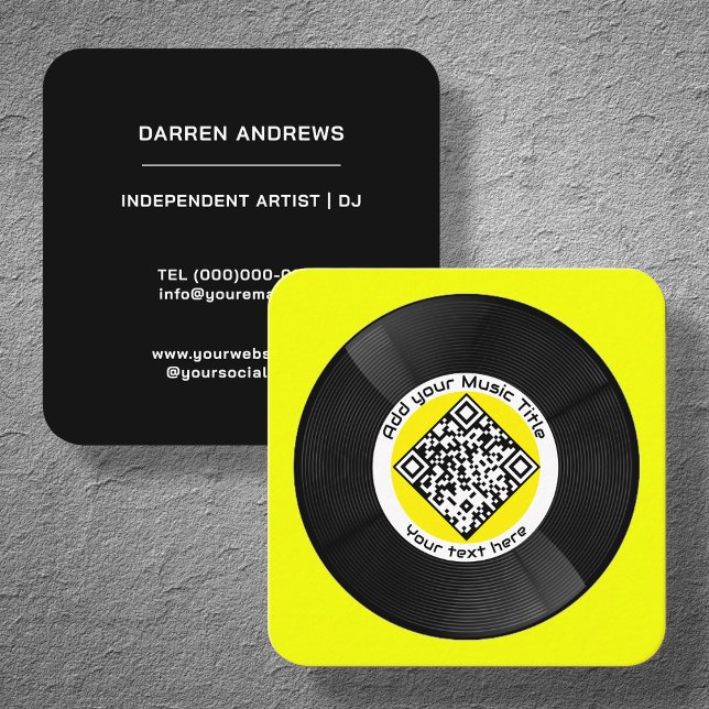 Yellow Customizable Music QR Code LP Vinyl | Quadratische Visitenkarte (Von Creator hochgeladen)